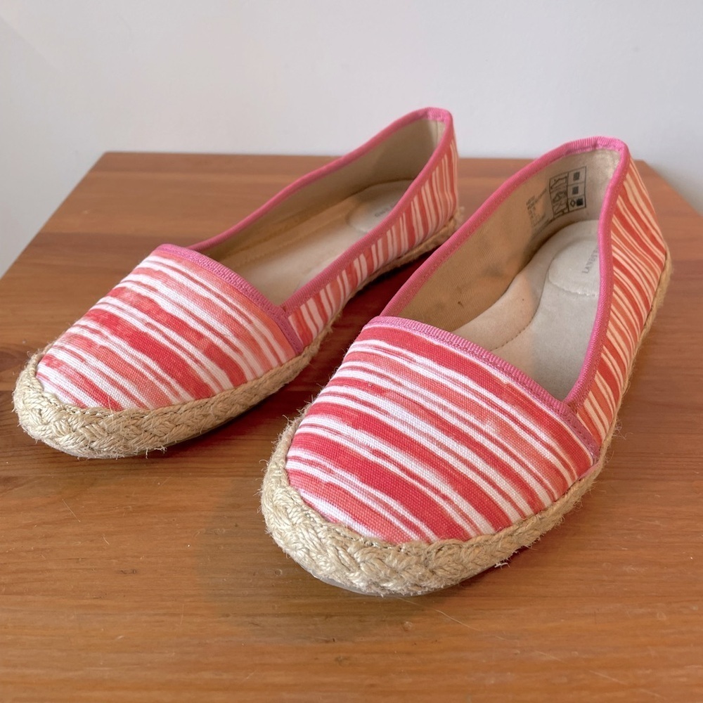 Lands End, women’s 7, pink and white stripe canvas espadrille flats like new